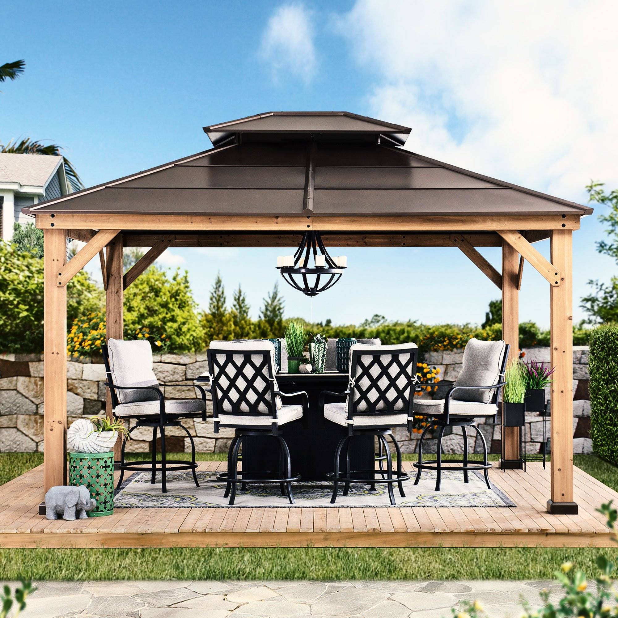 Sunjoy Brown 11 Ft X 13 Ft Cedar Framed Gazebo With 2 Tier Steel R