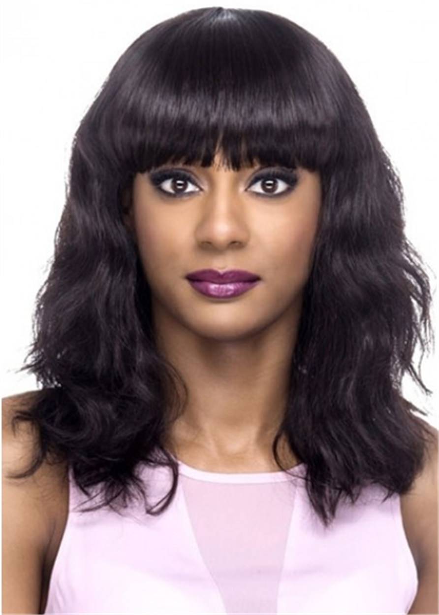 African American Wigs Natural Wavy Human Hair Wig With Full Bangs