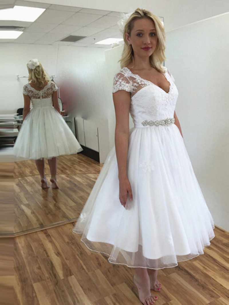 Short Sleeve Appliques Tea-Length Beach Wedding Dress