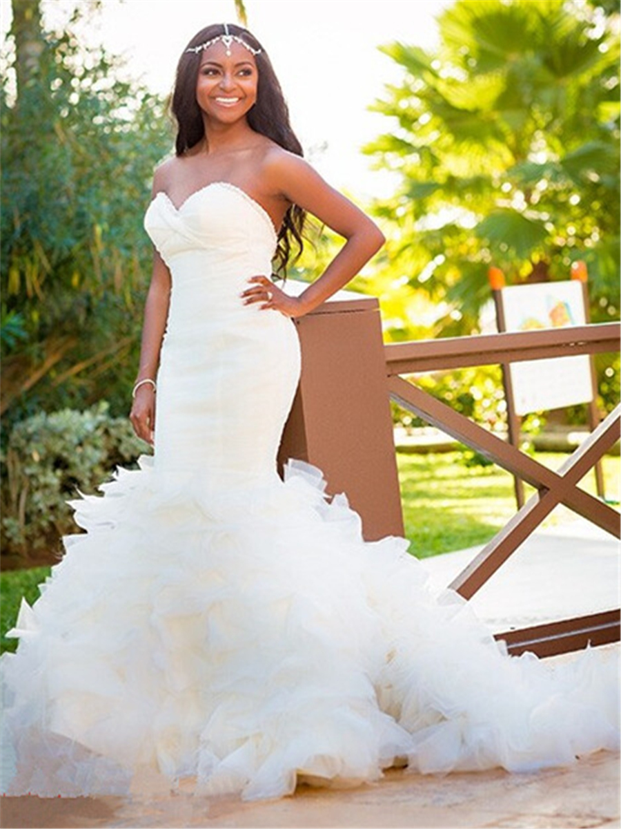 Sweetheart Beading Tiered Ruffles Mermaid Wedding Dress