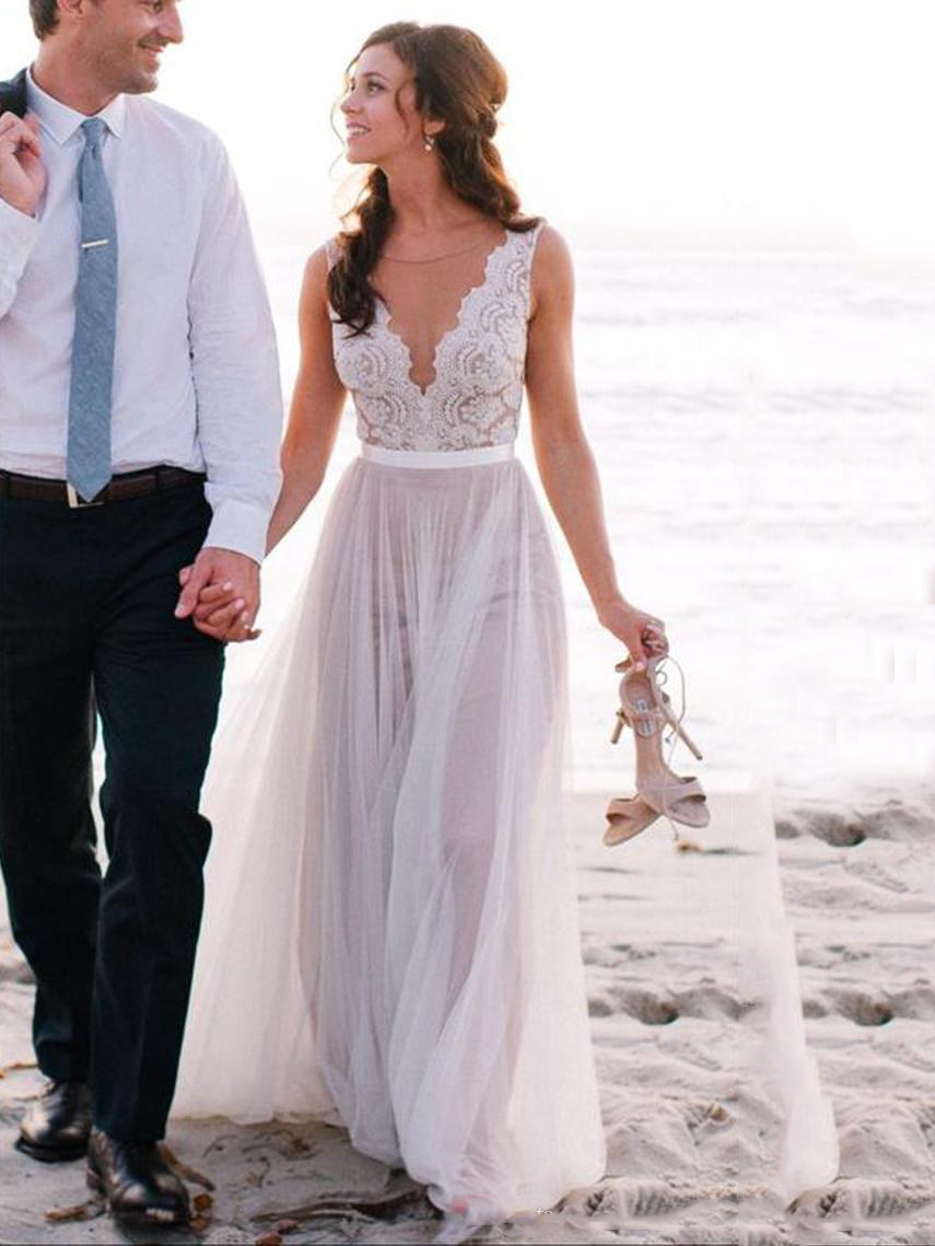 Sheer Scoop Neck Lace Boho Beach Wedding Dress