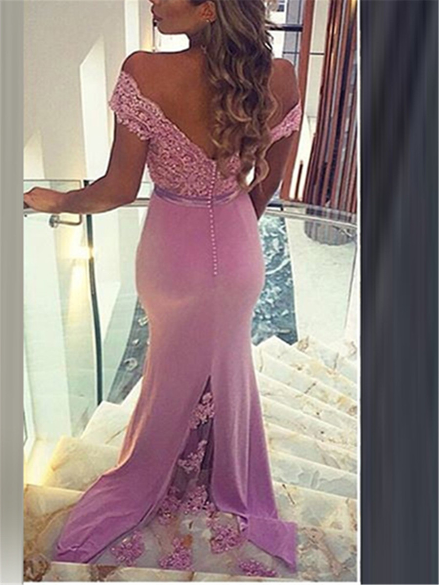 Off-the-Shoulder Lace Appliques Button Mermaid Evening Dress