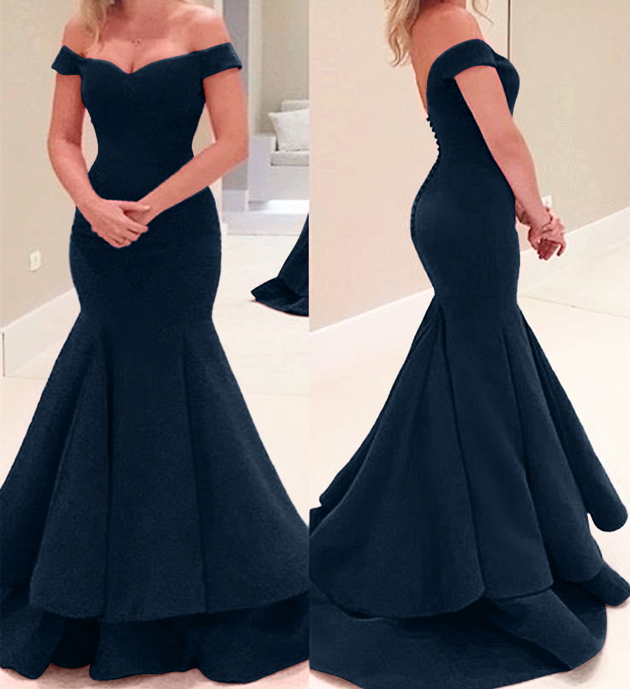 Off-the-Shoulder Tiered Button Mermaid Evening Dress