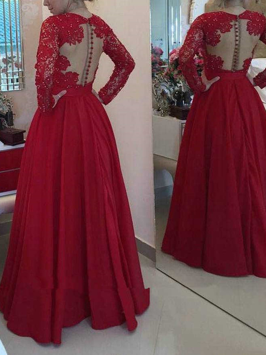 Long Sleeve Beading Lace Satin V-Neck Floor-Length Mother of the Bride Dress