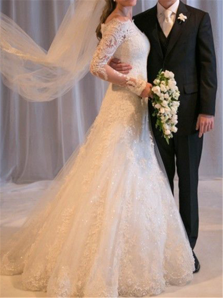 Off the Shoulder Appliques Lace Wedding Dress with Long Sleeve