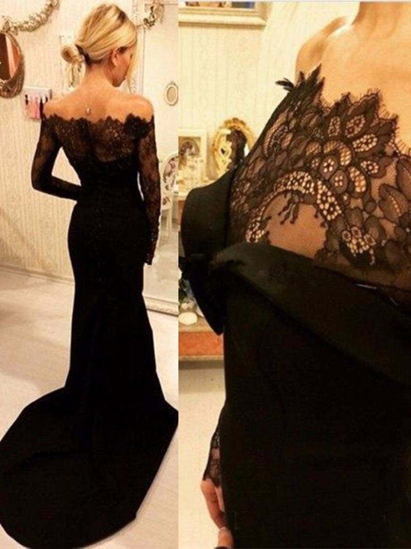 Off the Shoulder Lace Long Sleeve Evening Dress