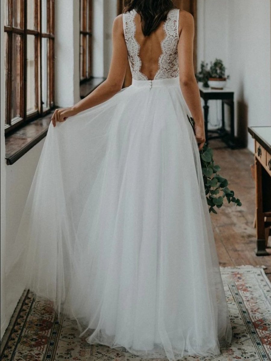Low Back A-Line Lace Beach Wedding Dress 2021