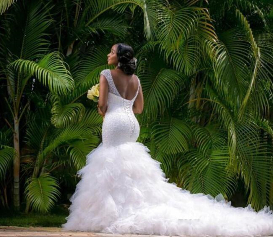 Cap Sleeve Beading Ruffles Mermaid Wedding Dress