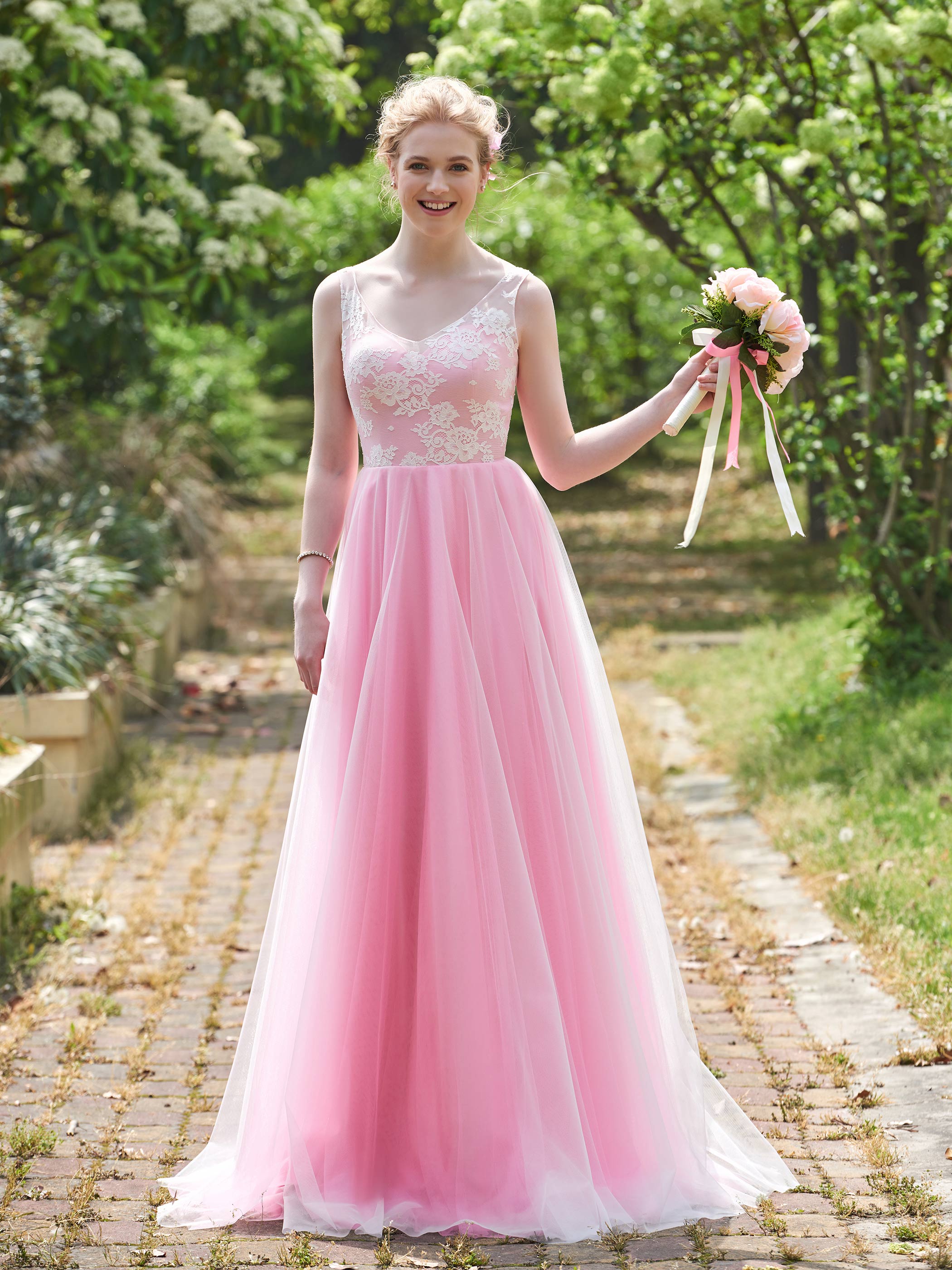 V-Neck Straps Lace Bridesmaid Dress