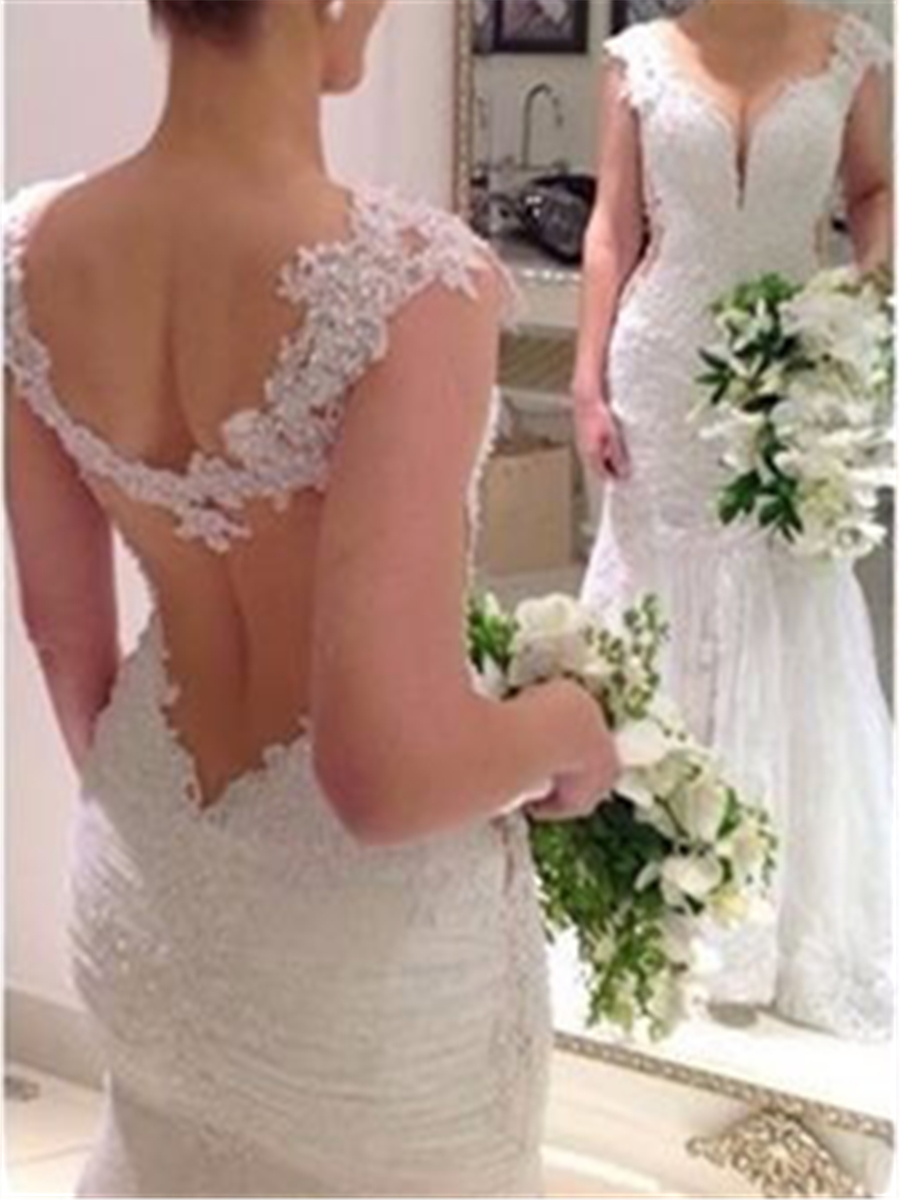 See-Through Lace Appliques Mermaid Wedding Dress