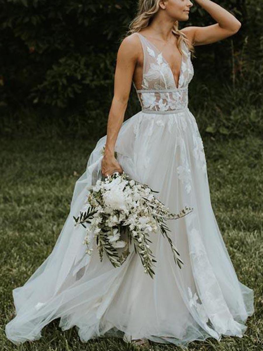 V-Neck Sashes Appliques Beach Boho Wedding Dress 2023