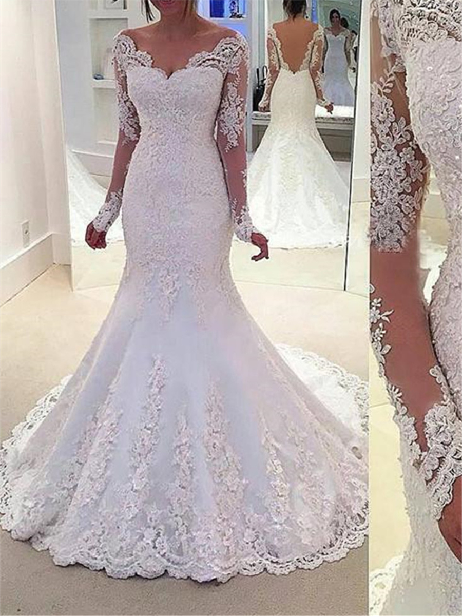 Sequins Appliques Mermaid Wedding Dress with Long Sleeve