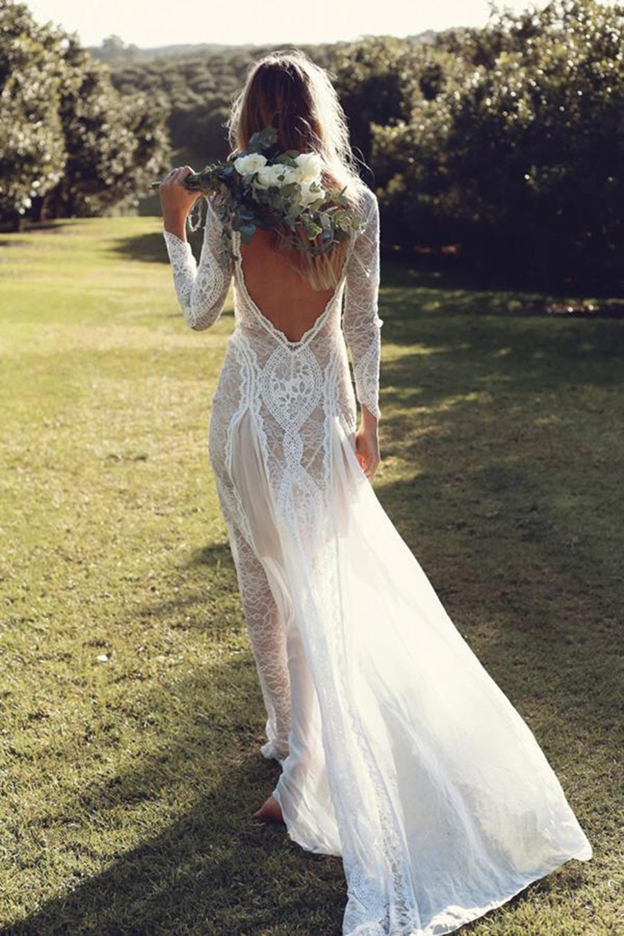Sheath Backless Long Sleeves Lace Beach Wedding Dress