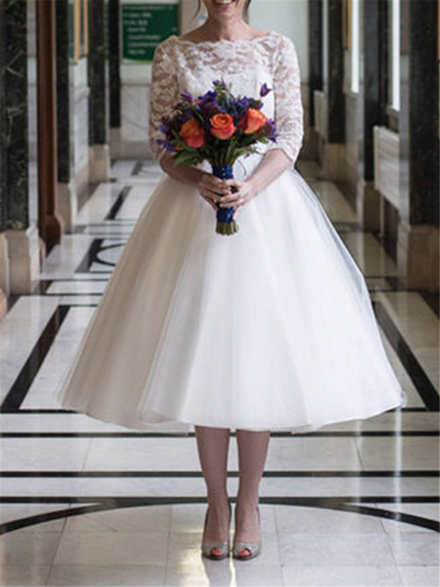 A-Line Half Sleeves Tea-Length Lace Tulle Short Beach Wedding Dress 2022