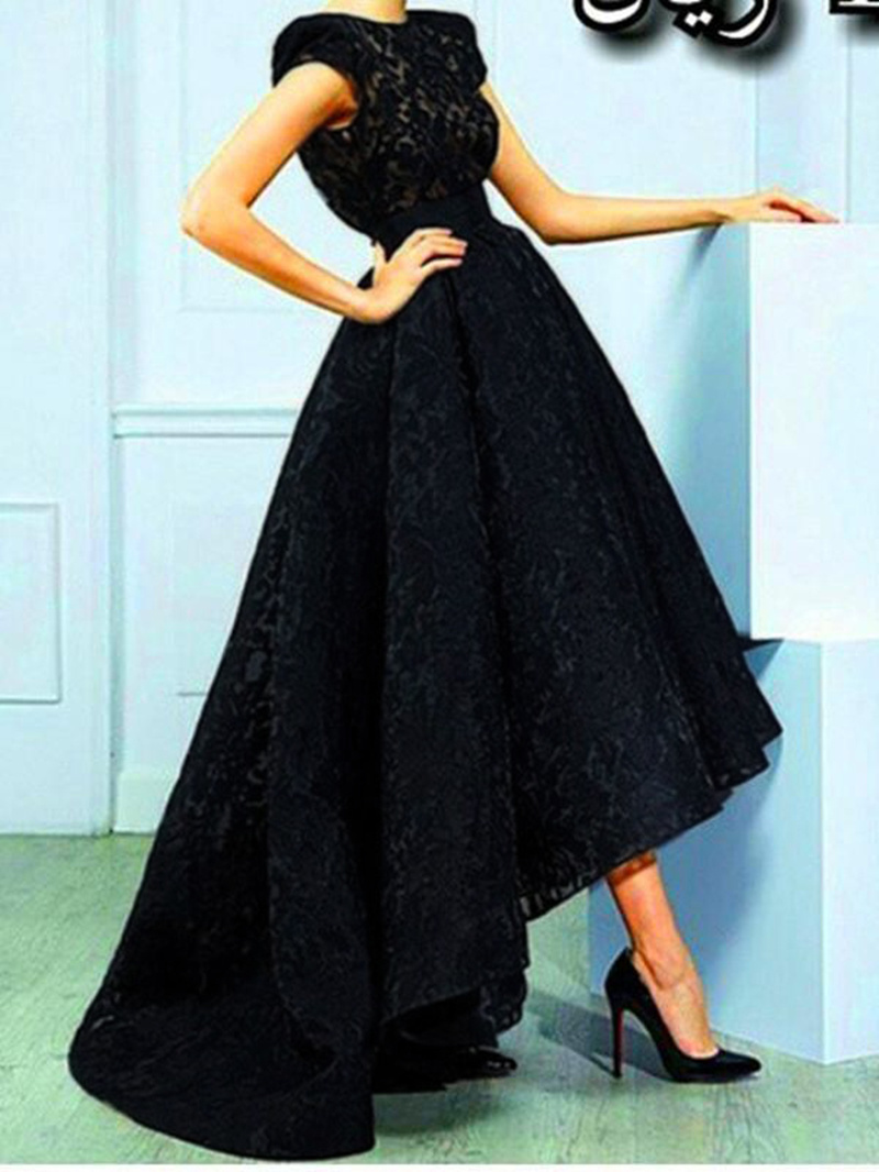 Cap Sleeves High Low Lace Evening Dress
