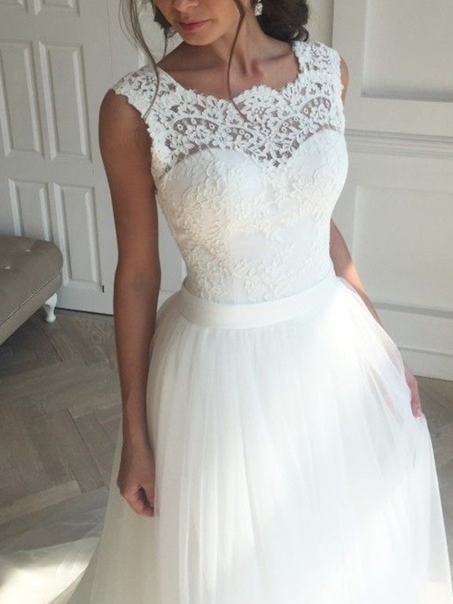 Straps Tulle Lace Sleeveless Beach Wedding Dress 2022