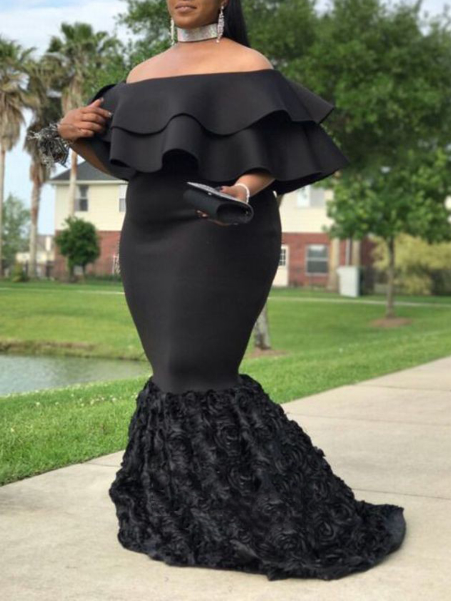 Off-The-Shoulder Tiered Cap Sleeves Plus Size Evening Dress