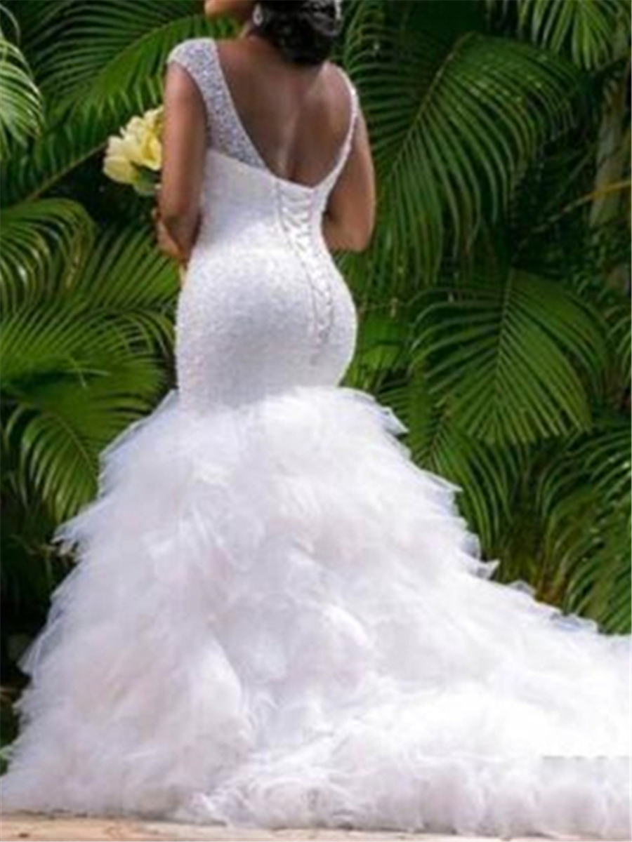 Cap Sleeve Beading Ruffles Mermaid Wedding Dress