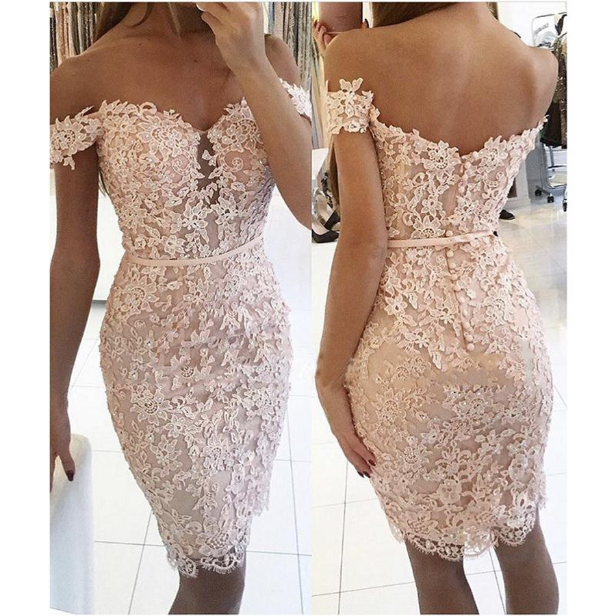 Sheath Appliques Beading Button Lace Off-the-Shoulder Knee-length Cocktail Dress
