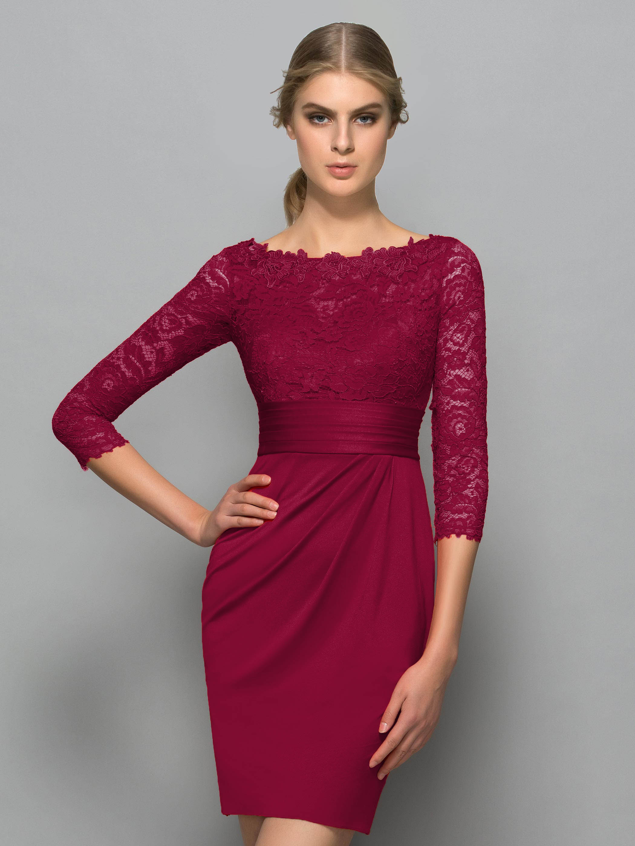 Sheath Button Lace Red Cocktail Dress with Sleeves