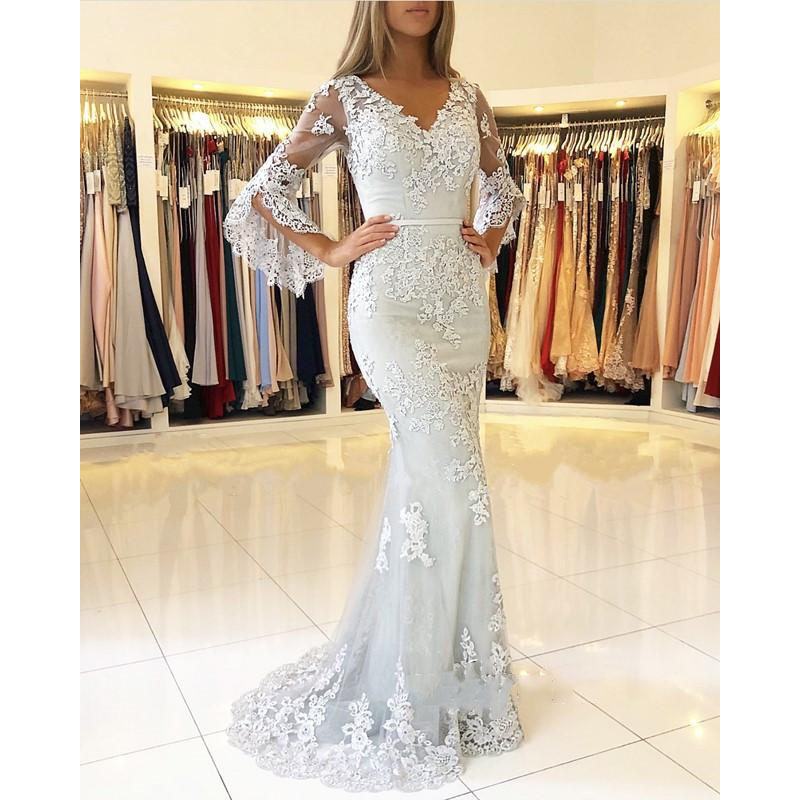 Mermaid Button Lace Long Sleeves V-Neck Evening Dress