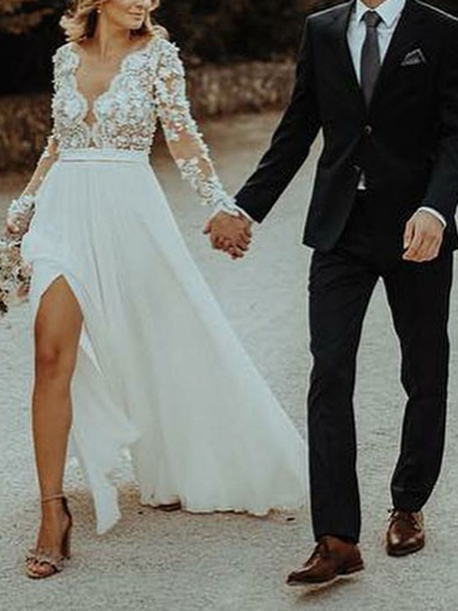 Appliques Long Sleeves Boho Beach Wedding Dress 2022