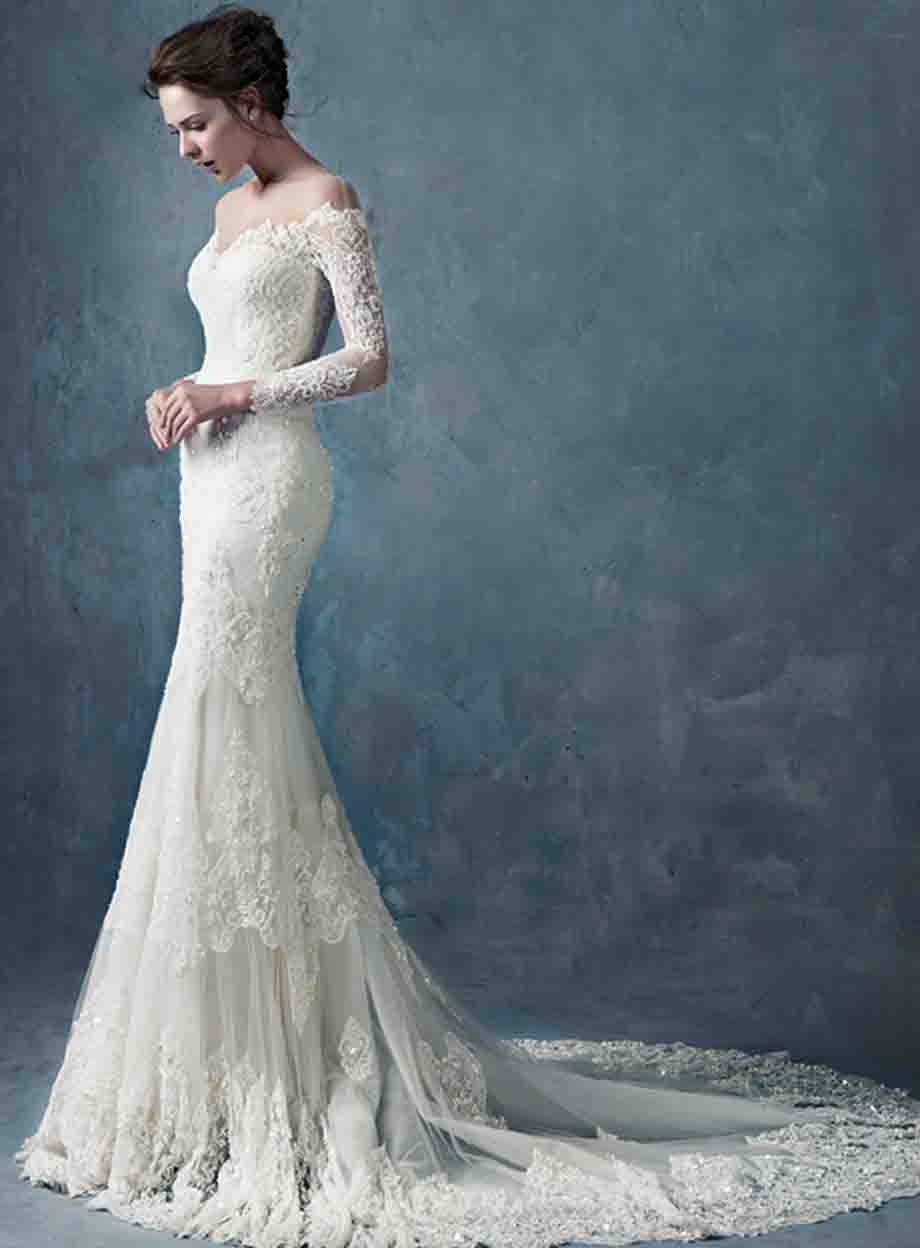 Beading Mermaid Lace Wedding Dress with Long Sleeve