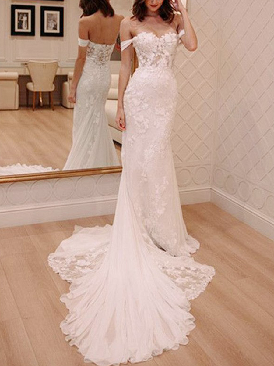 Button Off the Shoulder Mermaid Lace Wedding Dress