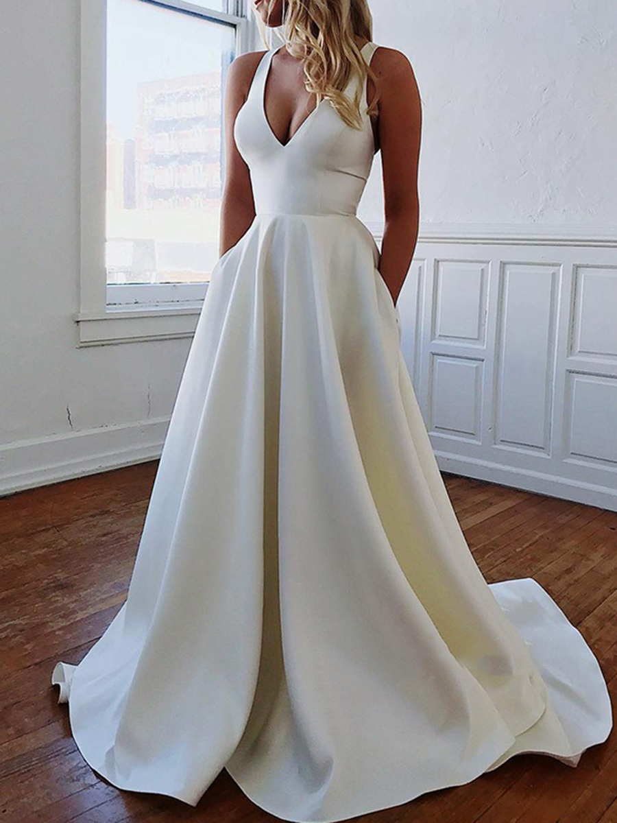 V-Neck Pockets Sleeveless Bowknot Country Wedding Dress 2022