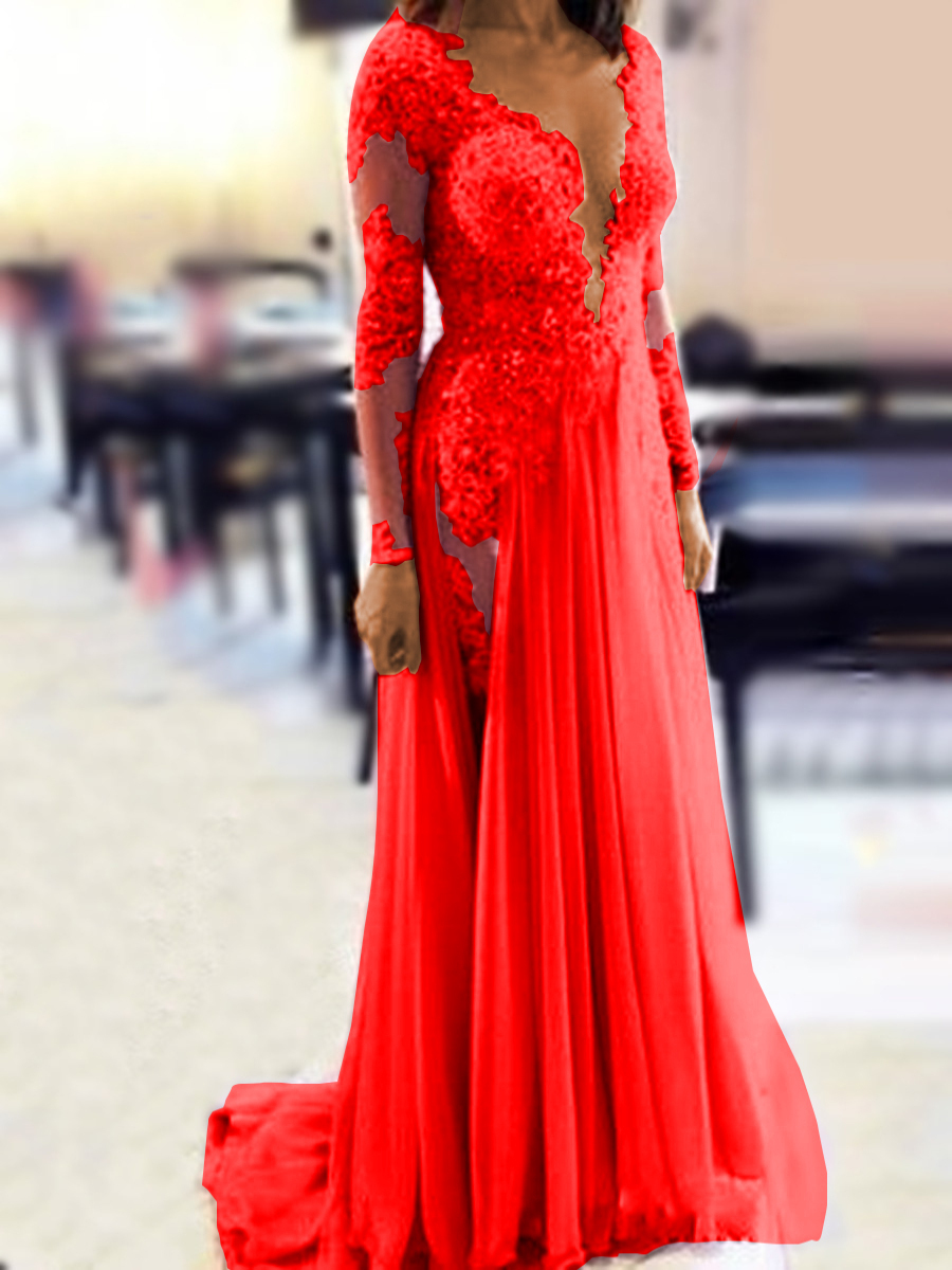 Sexy V-Neck Appliques Beading Long Sleeves Evening Dress