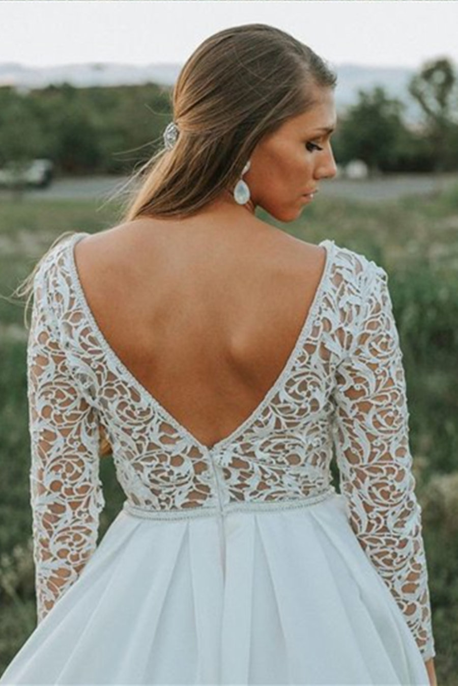 V-Neck Long Sleeves Lace Plus Size Wedding Dress