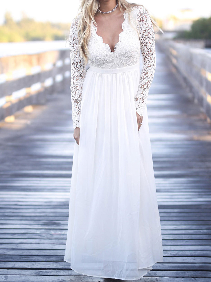 Long Sleeves Lace Chiffon Beach Wedding Dress