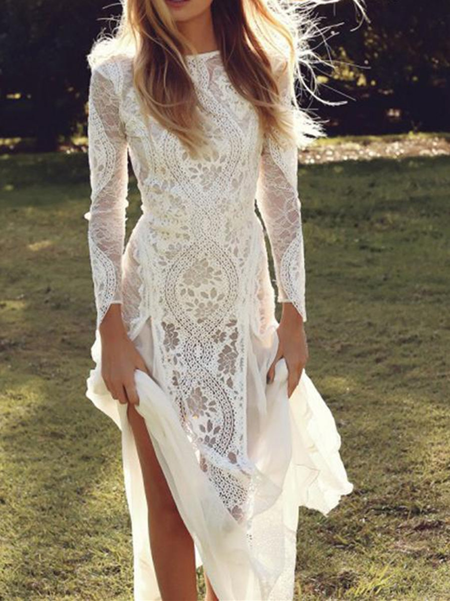 Sheath Backless Long Sleeves Lace Beach Wedding Dress
