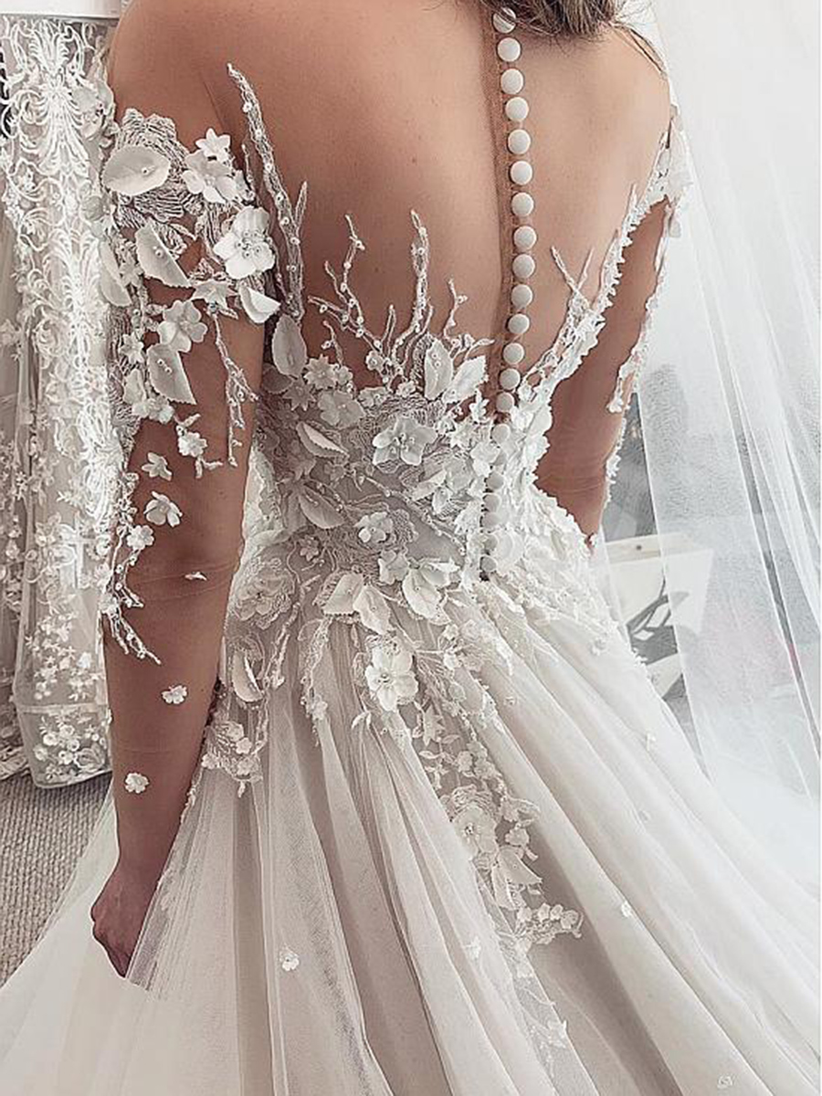 3D Flowers Beading Scoop Long Sleeves Wedding Dress