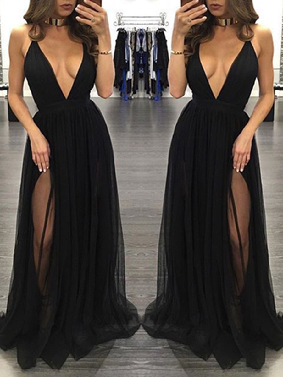 Deep V-Neck Split-Front Black Sexy Evening Dress