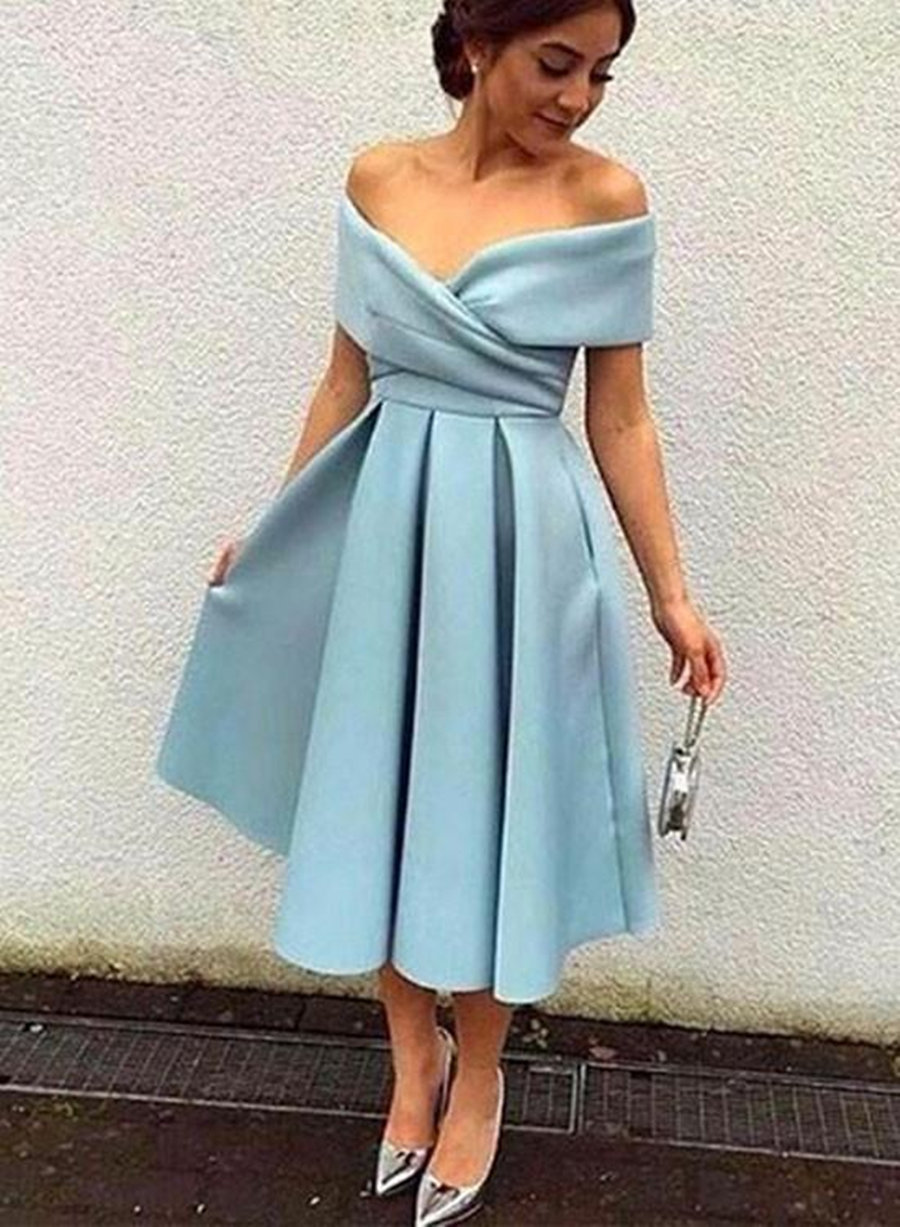 Cap Sleeves Off-The-Shoulder Tea-Length Prom Dress