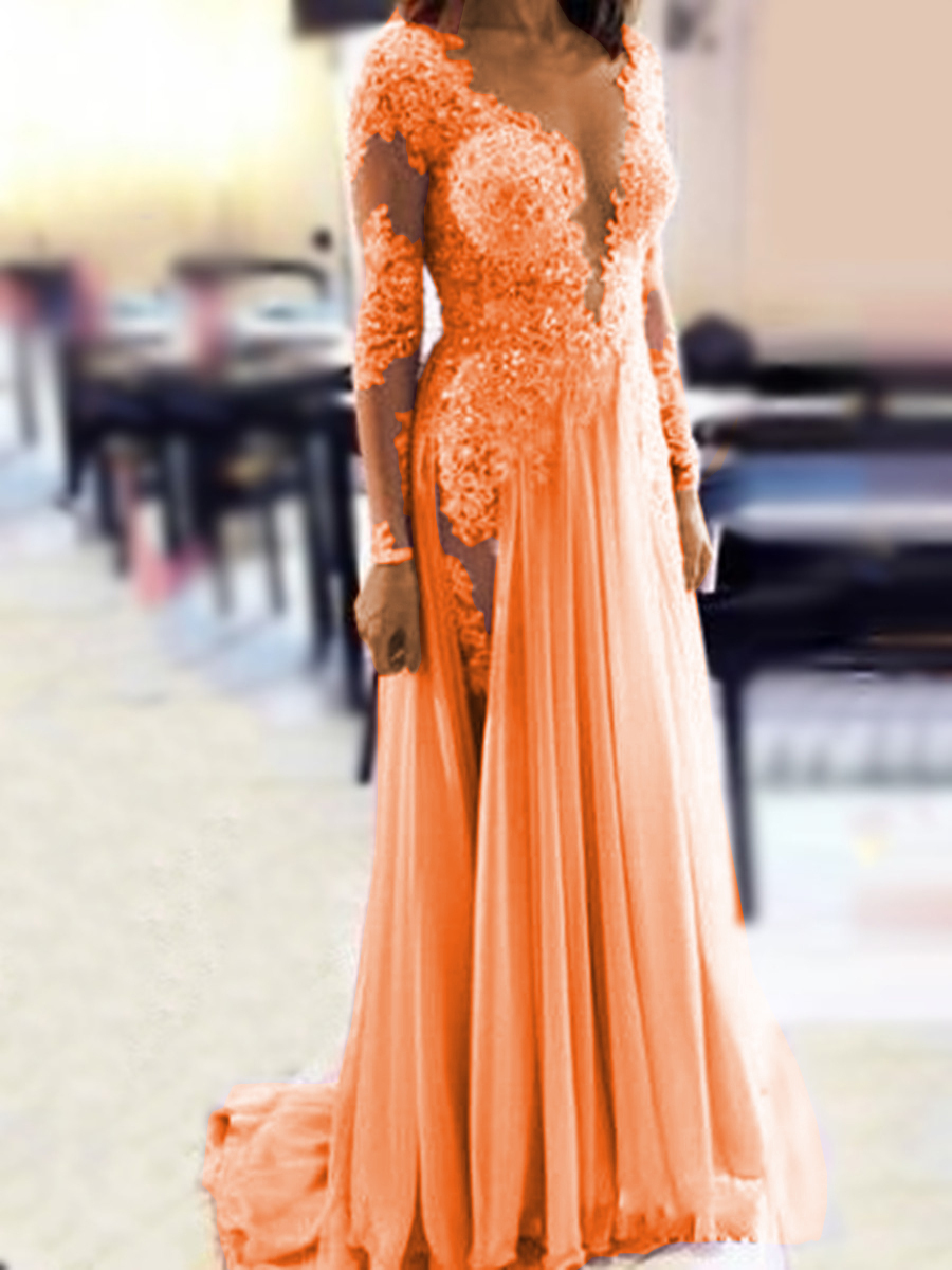 Sexy V-Neck Appliques Beading Long Sleeves Evening Dress