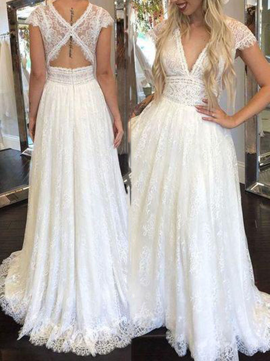 Cap Sleeves Lace Beach Wedding Dress