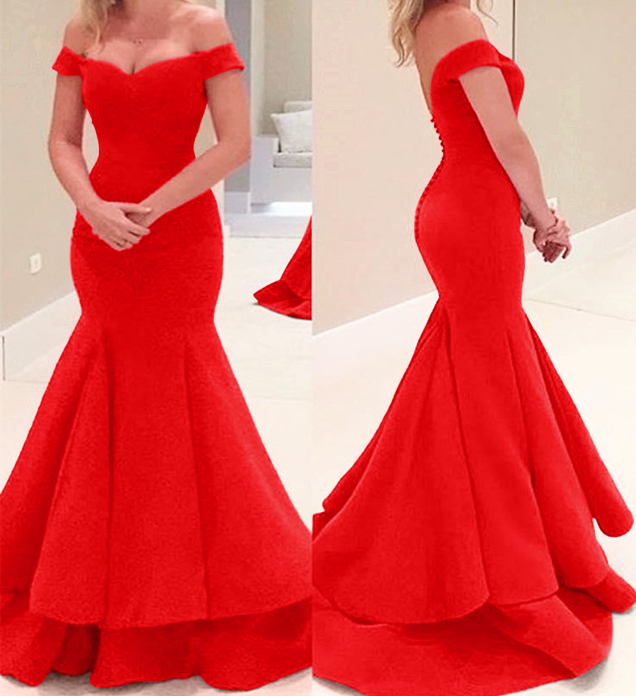 Off-the-Shoulder Tiered Button Mermaid Evening Dress