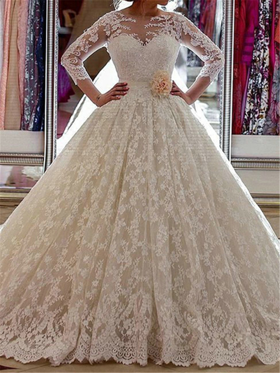 Appliques Lace Ball Gown Wedding Dress with Sleeves