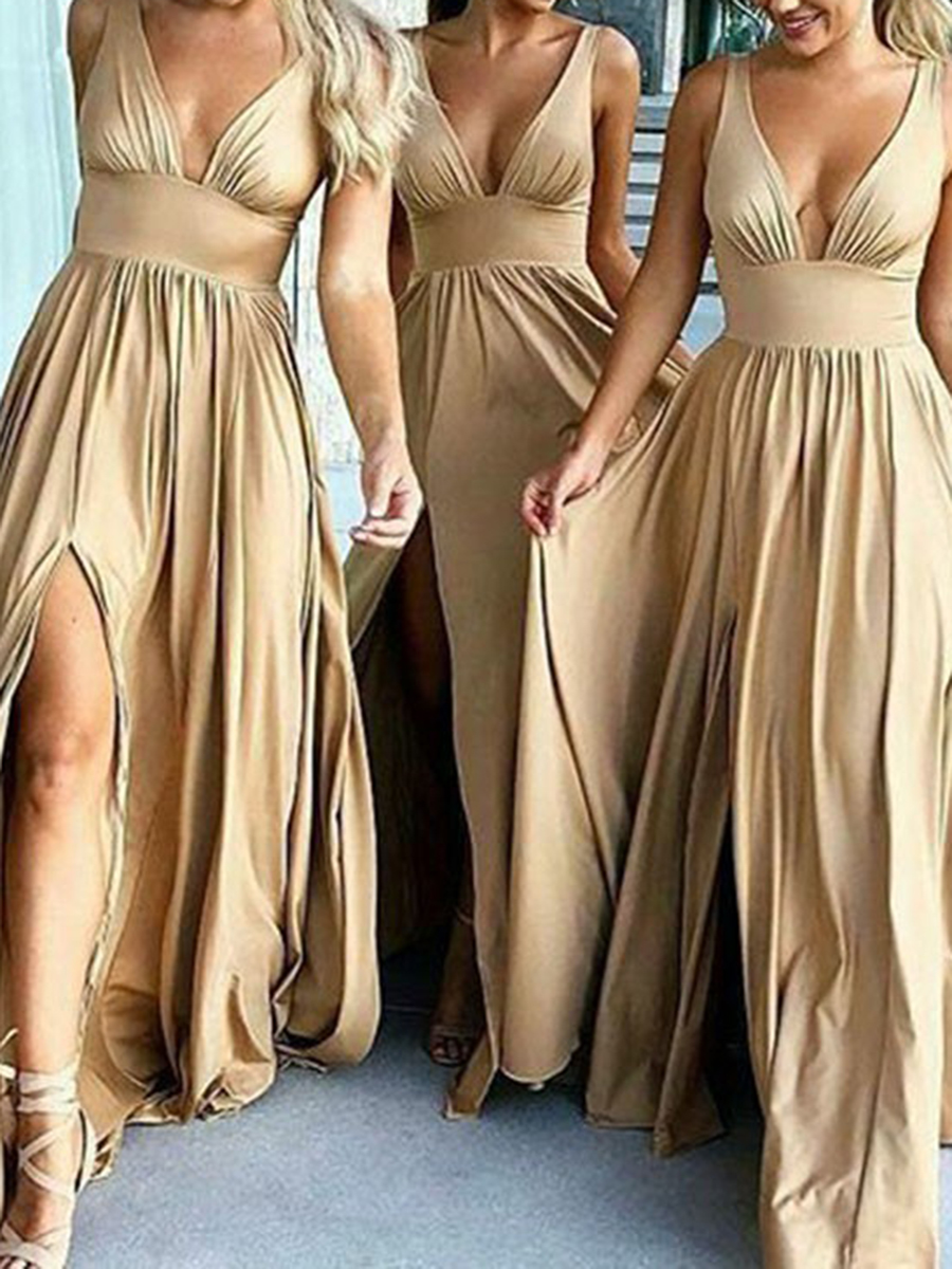 Deep V-Neck A-Line Split-Front Long Bridesmaid Dress 2022