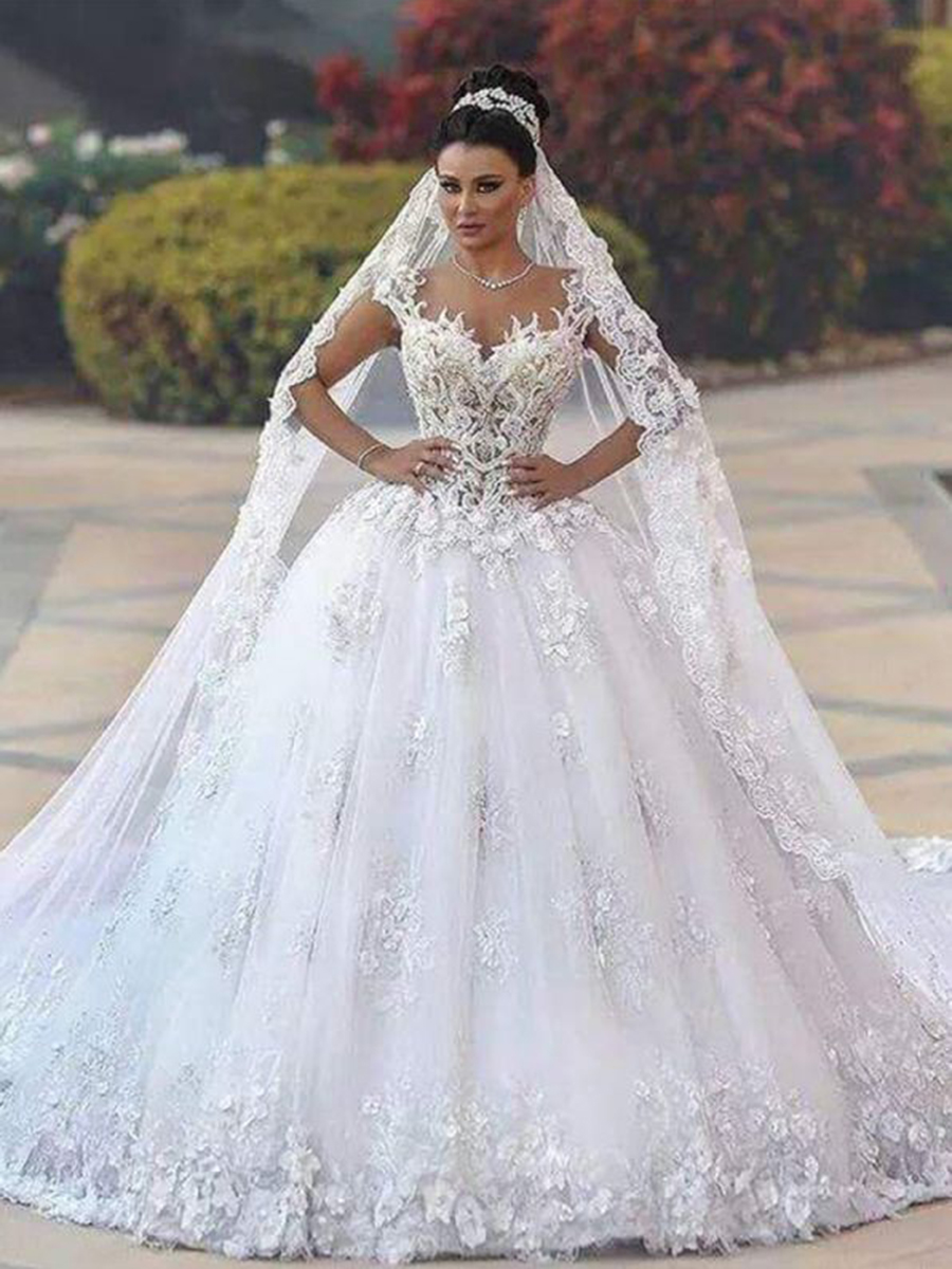 Ball Gown Sleeves Appliques Floor-Length Cathedral Hall Wedding Dress 2021