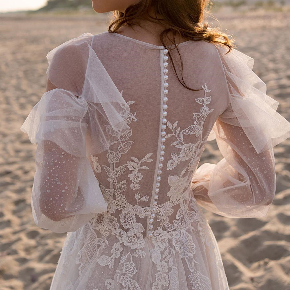 A-Line Long Sleeves Scoop Split-Front Beach Wedding Dress 2023