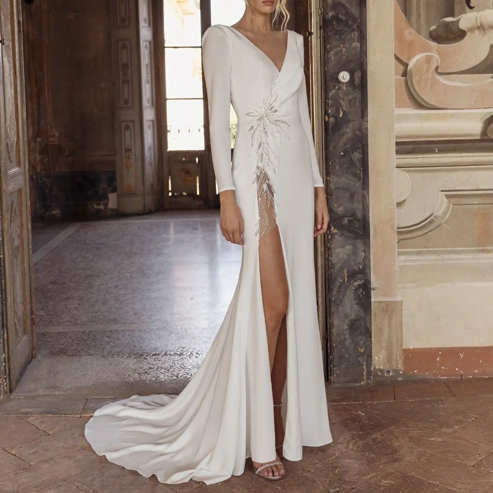 V-Neck Long Sleeves Split-Front Floor-Length Hall Wedding Dress 2022