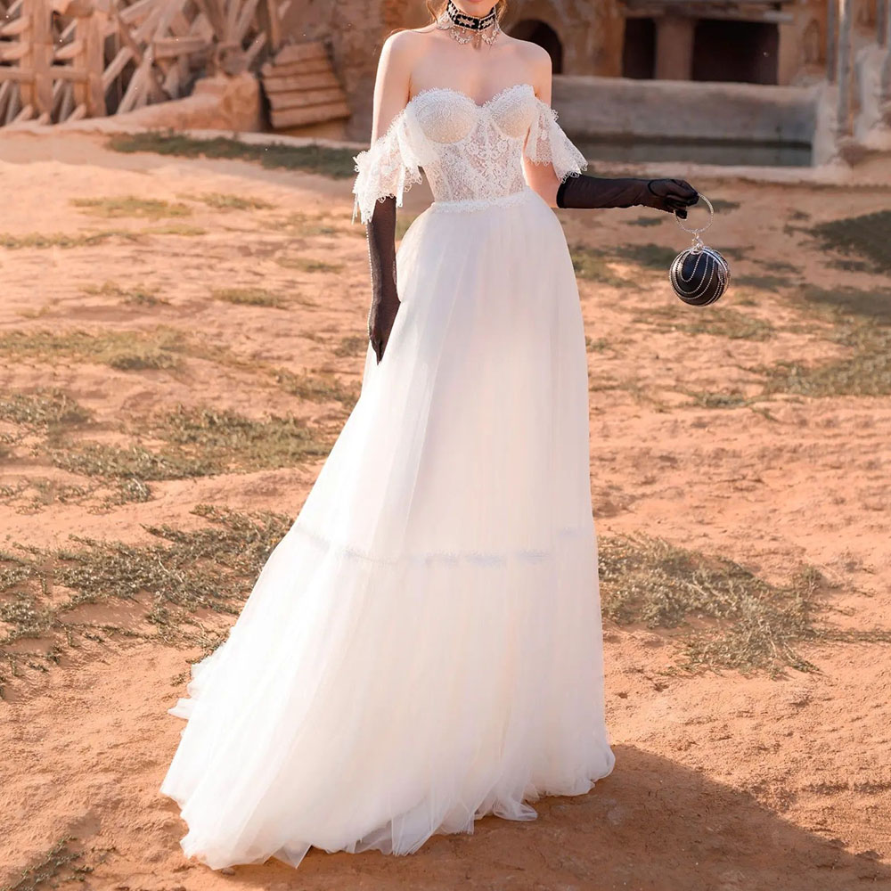 Trumpet/Mermaid Off-The-Shoulder Floor-Length Half Sleeves Church Wedding Dress 2022