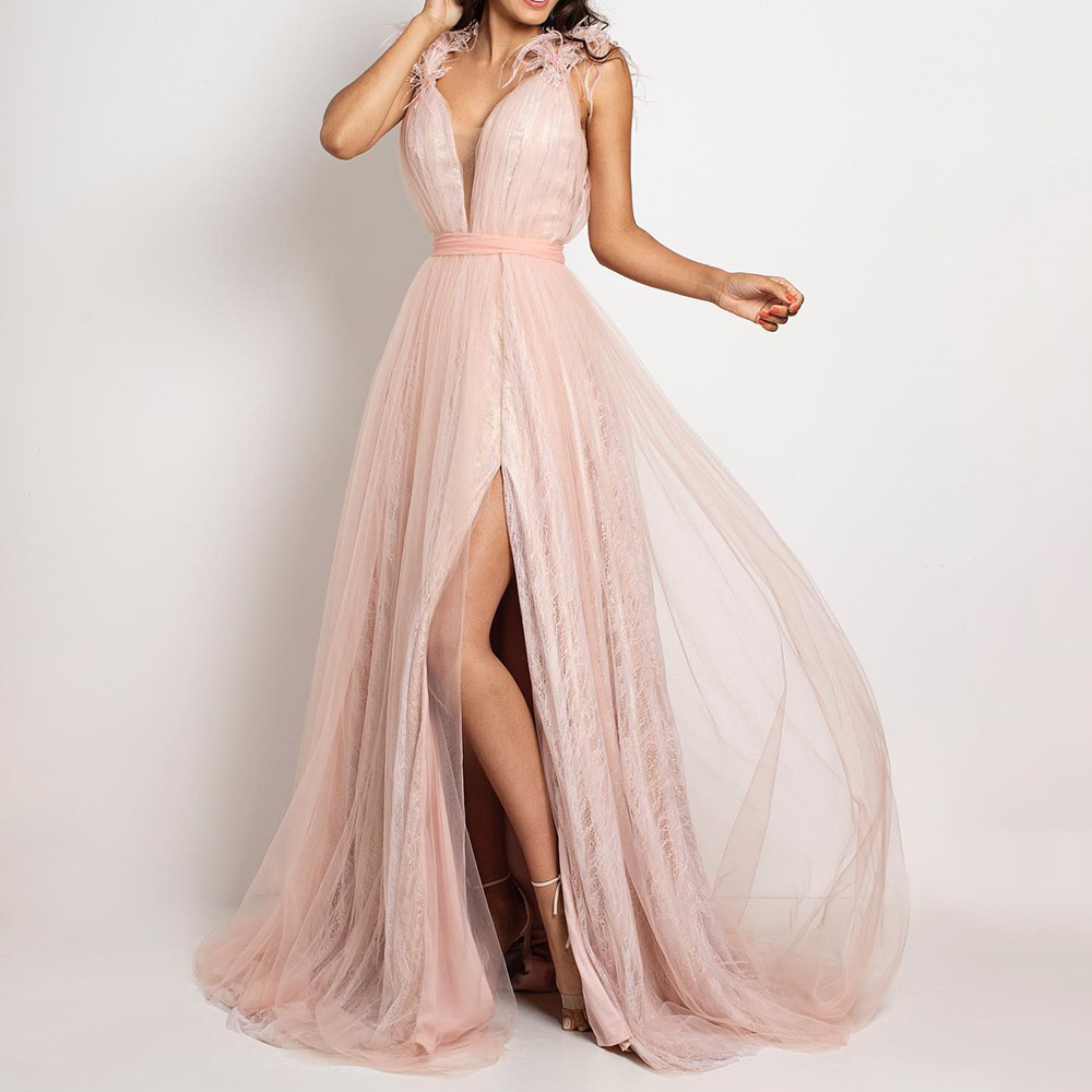 V-Neck A-Line Floor-Length Split-Front Prom Dress 2022