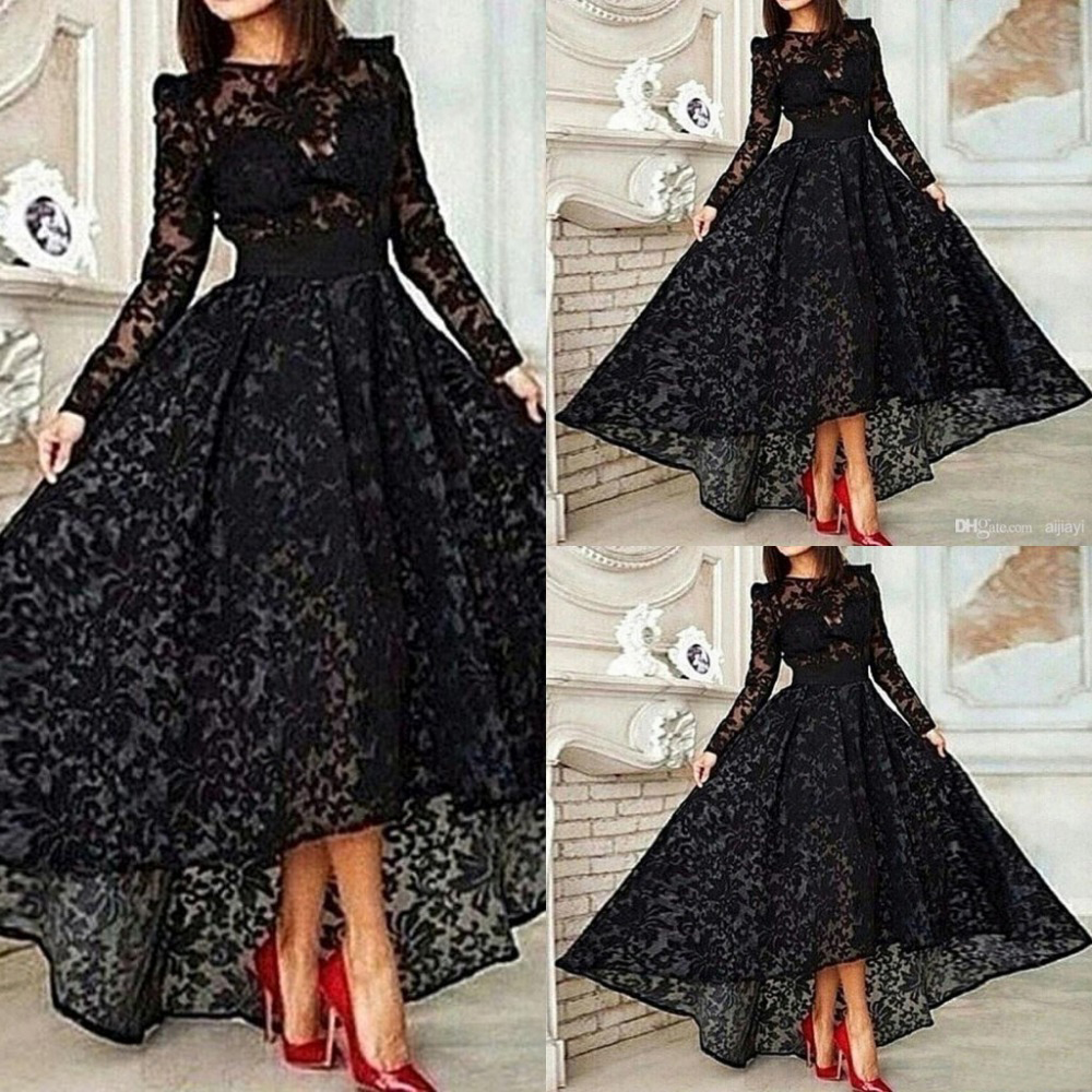 A-Line High Low Long Sleeve Lace Evening Dress