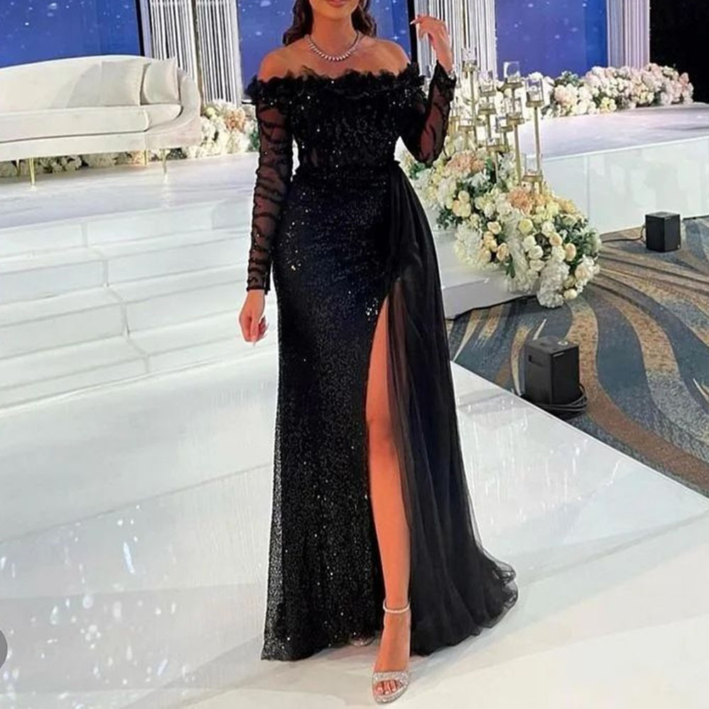 Long Sleeves A-Line Floor-Length Sequins Celebrity Dress 2022