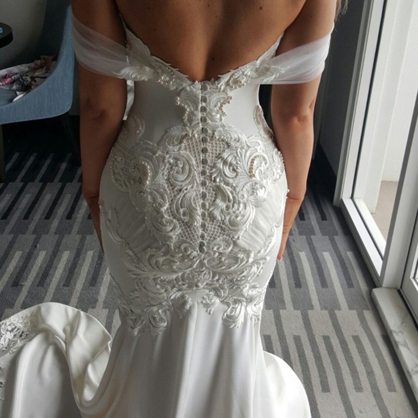 Appliques Pearls Off-The-Shoulder Mermaid Wedding Dress