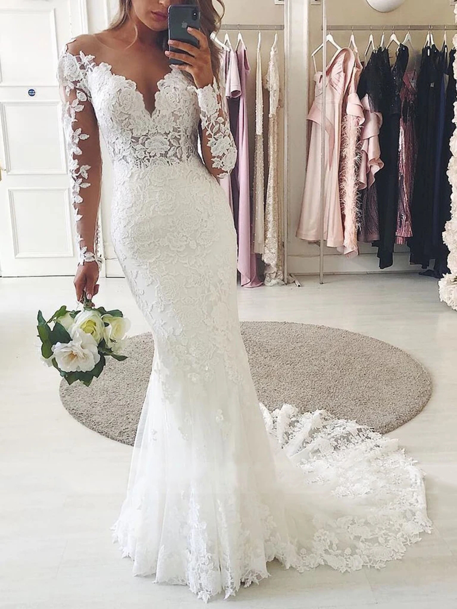 Long Sleeves Floor-Length Trumpet Lace Wedding Dress 2020